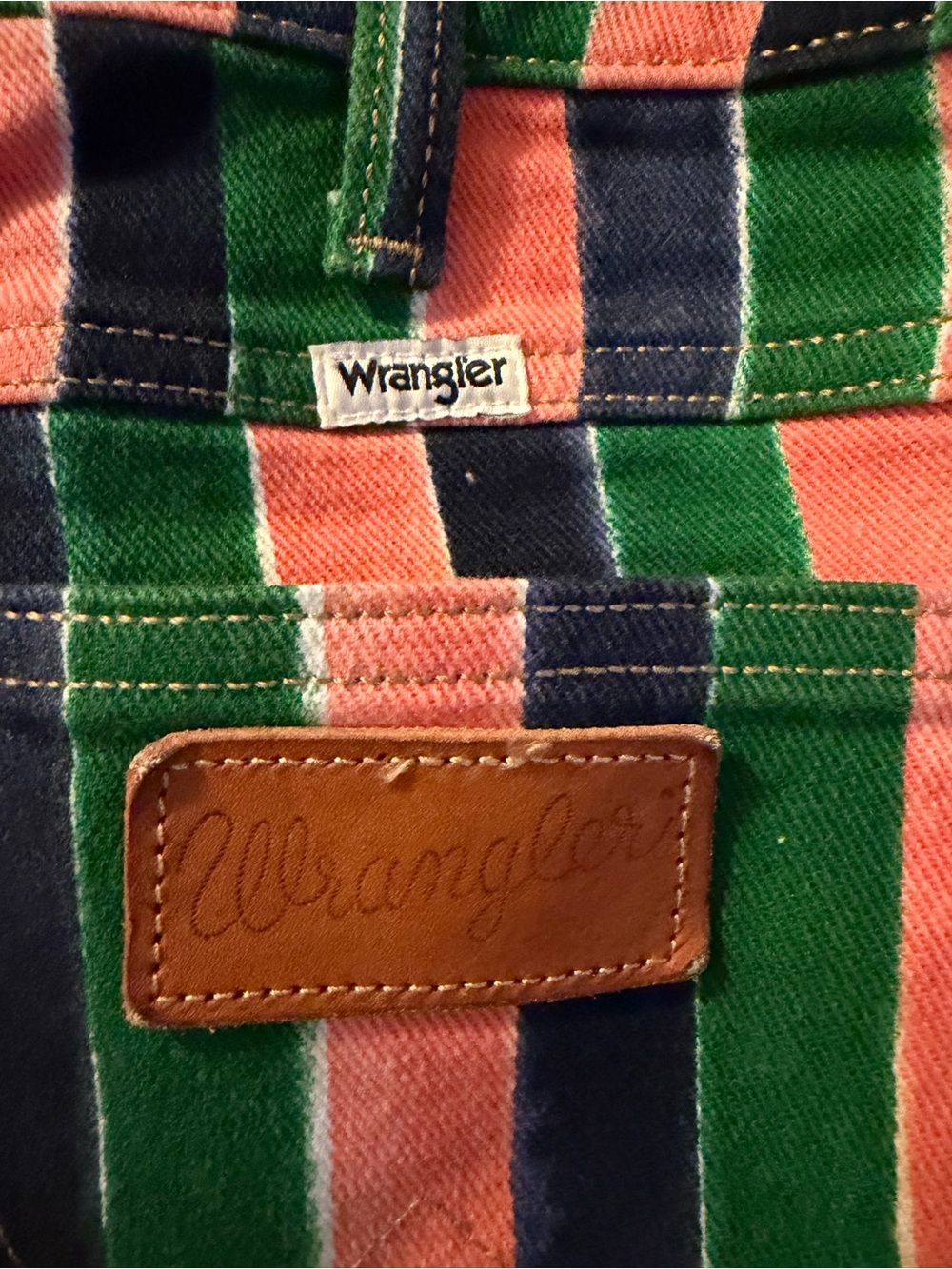NWOT Wrangler Wanderer Mid Rise Flare Jeans 27x32 Pink Green Stripe Boho - Picture 6 of 6